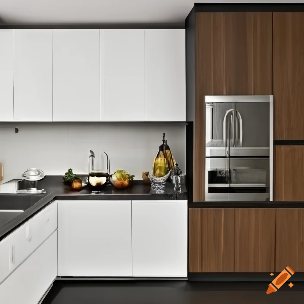 Sleek modular kitchen with white cabinets and black countertops accentuated by dark oak doors and white tile backsplash