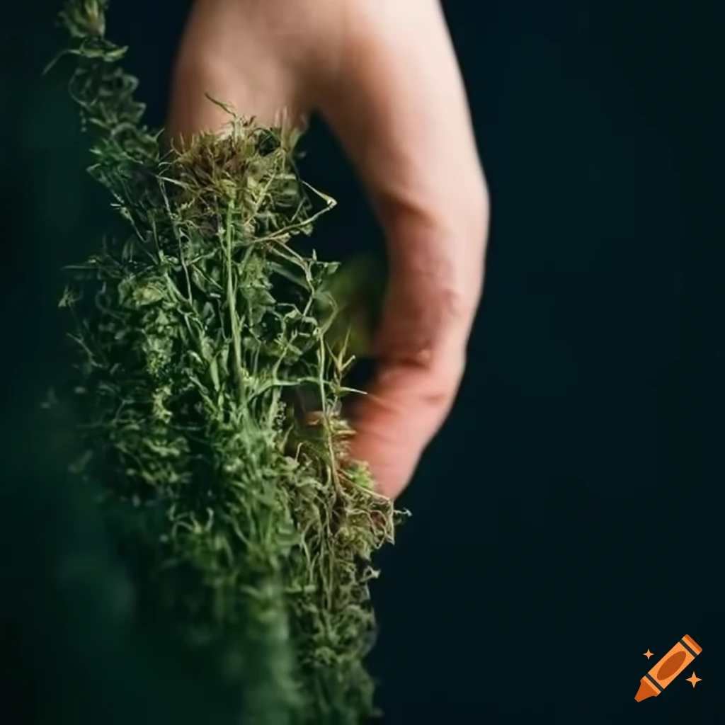Skilled hands collecting fresh herbs in a macro shot