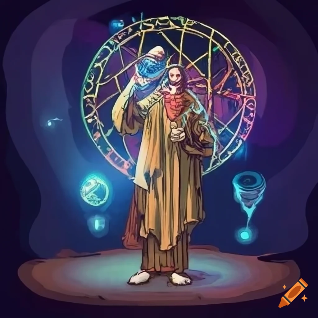 Alchemist holding the philosopher stone surrounded by cryptic symbols in a tarot card style