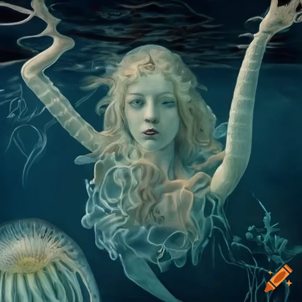 Intricate close-up scene of mermaids on the open sea with jellyfish and cute fitoplacton