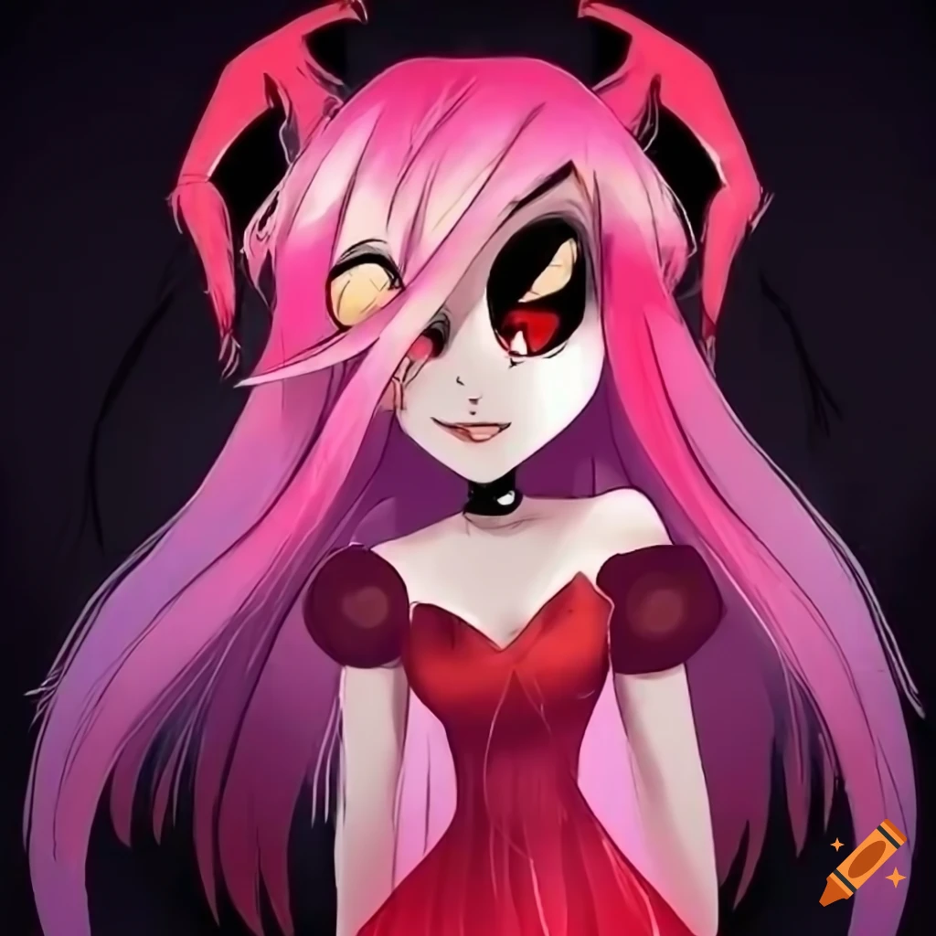 Pretty demon girl with big eyes and long hair in Hazbin Hotel style