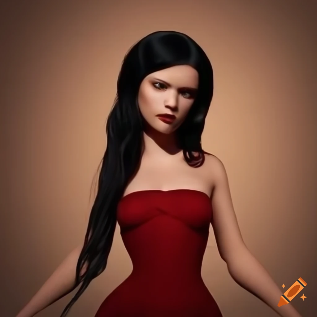 Spanish woman in a red dress with black hair and tan skin