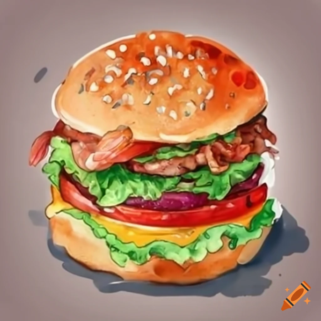 Delicious burger with grilled shrimp, bacon, cheese, and lettuce on a toasted bun