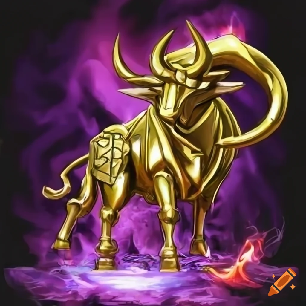 Golden bull statue surrounded by purple flames in Yugioh card art style