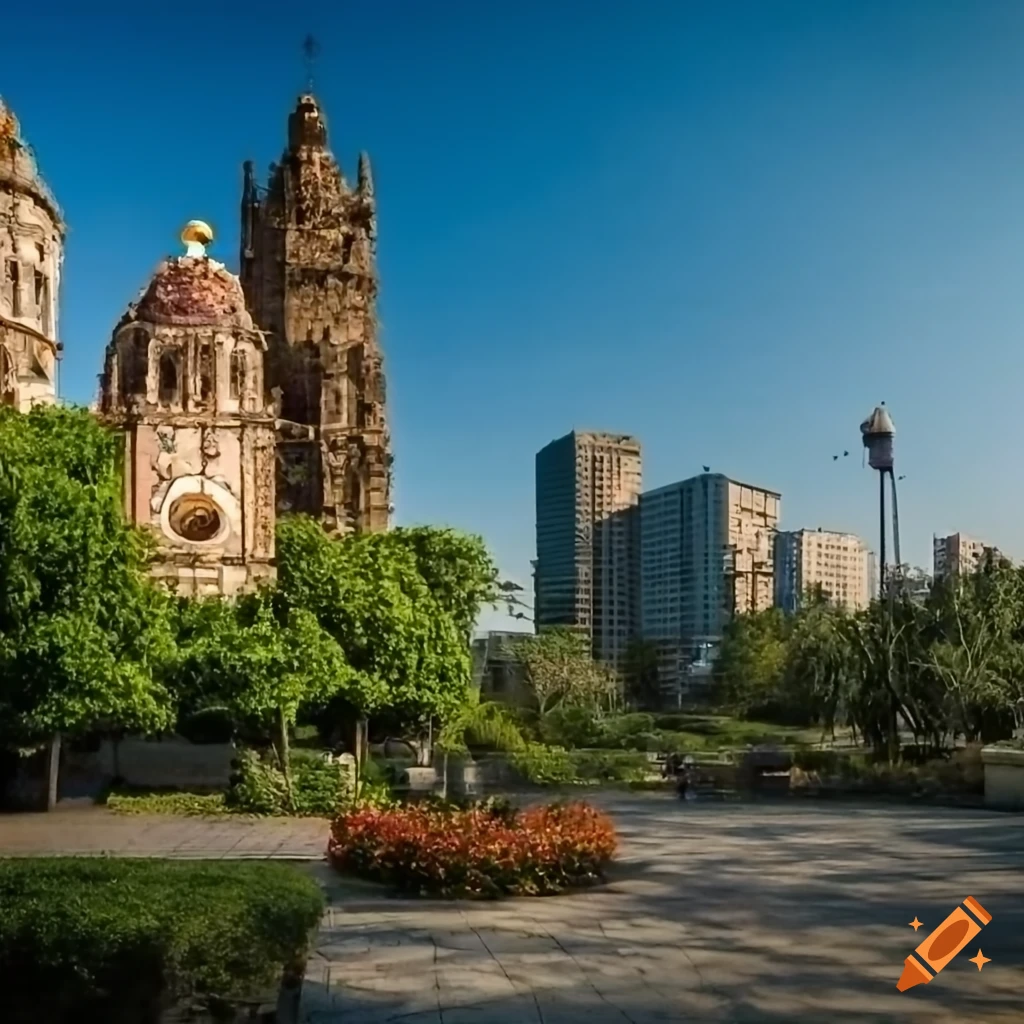 Small park among buildings in a Mexican urban area under a clear sky