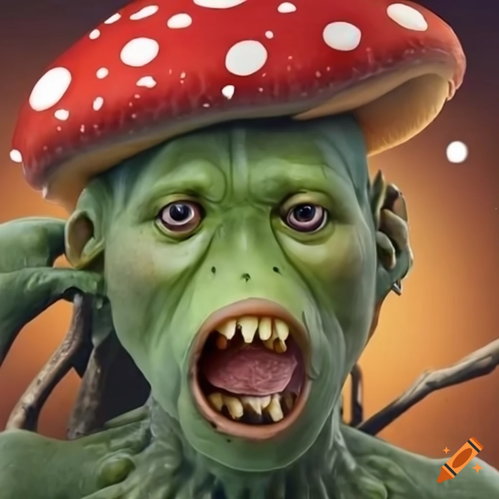 Illustration of a mushroom man eating a frog on Craiyon