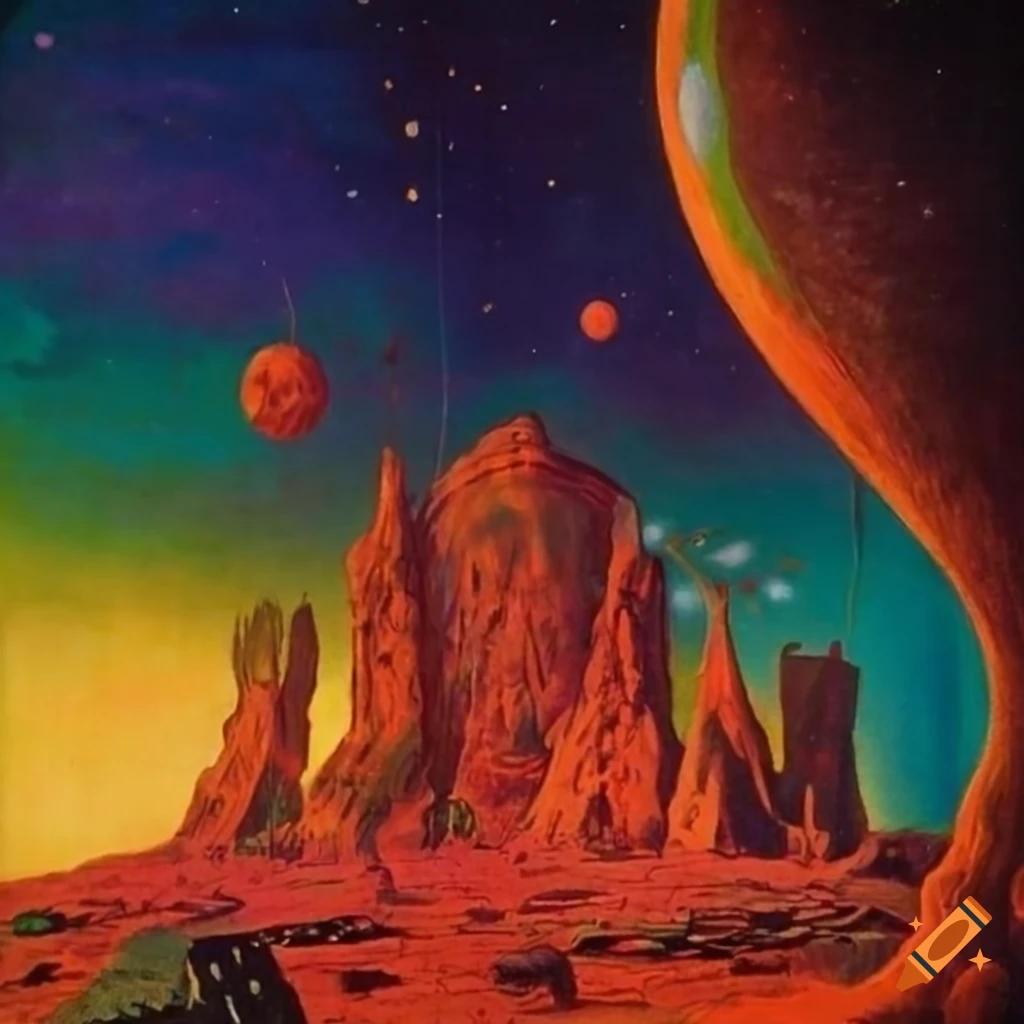 Epic 1970s mallcore sci-fi fantasy landscape illustration titled "Feast of the Starlost"