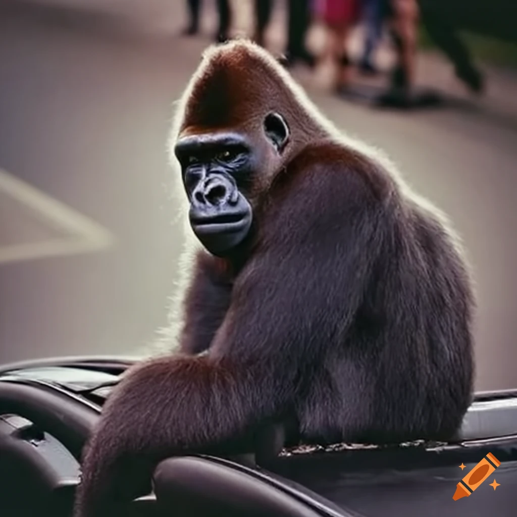 Gorilla sitting in 1994 nissan car on Craiyon