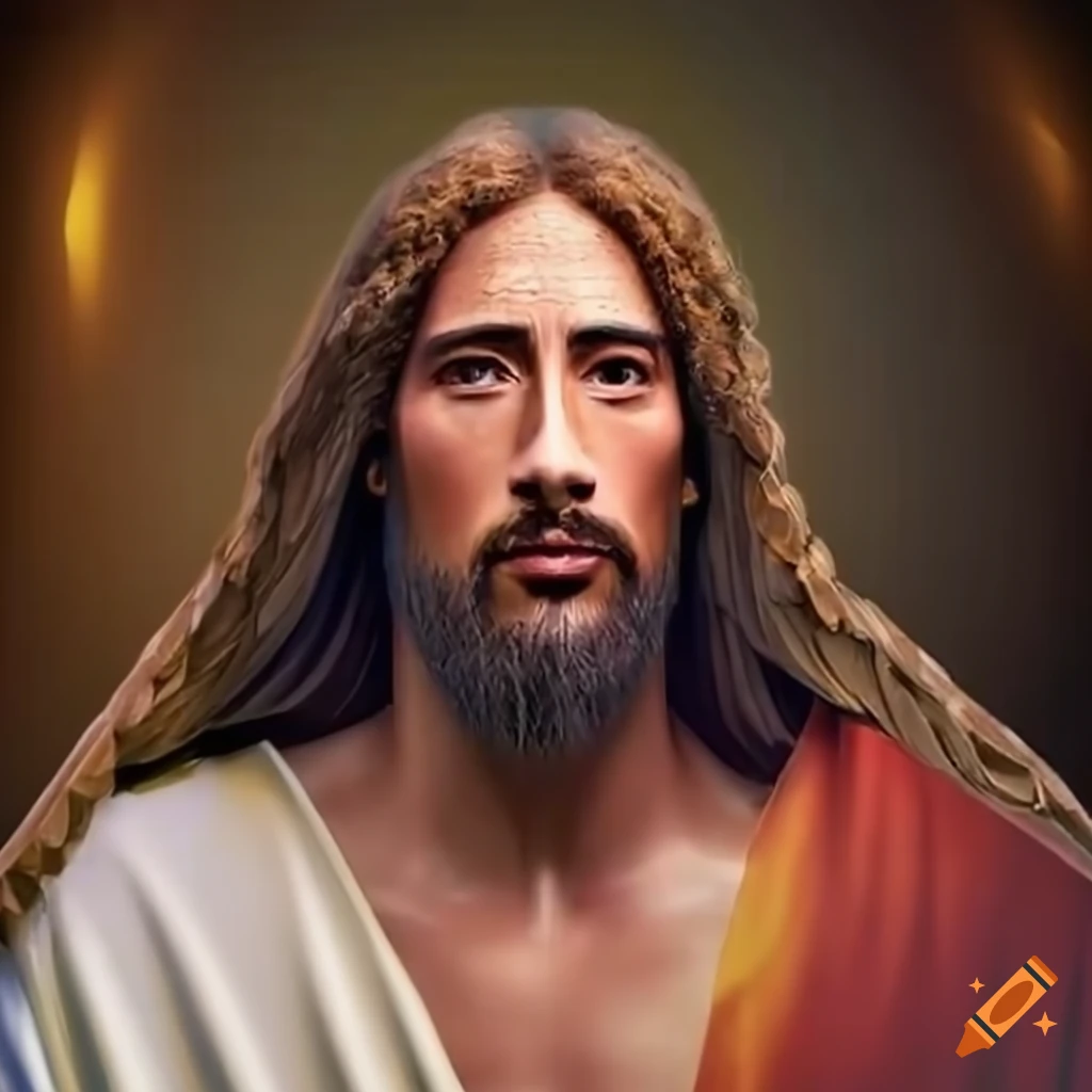 Depiction of Jesus Christ with the face and stature of Dwayne Johnson  ascending into heaven on Craiyon