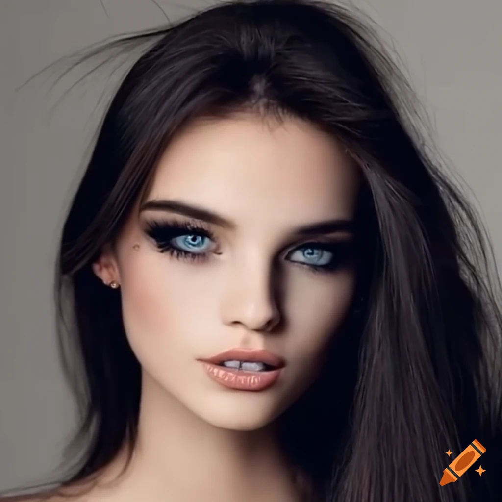 Joven mujer con cabello y ojos negros, rasgos europeos, labios finos y cejas definidas
