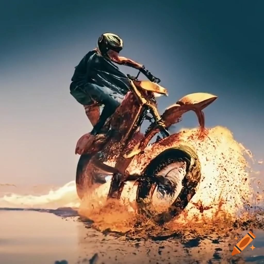 Motorcycle doing a wheelie and splashing mud