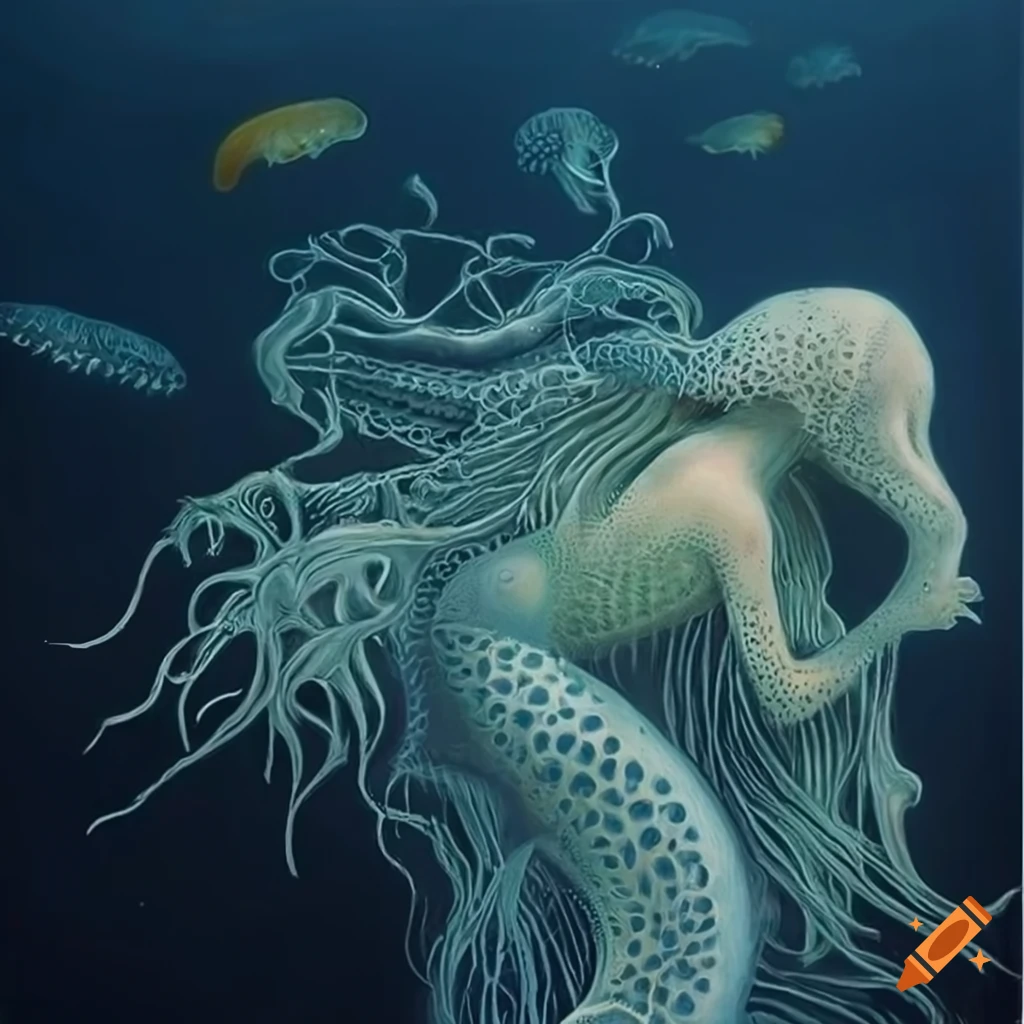 Intricate close-up scene of mermaids on the open sea with jellyfish and phytoplankton