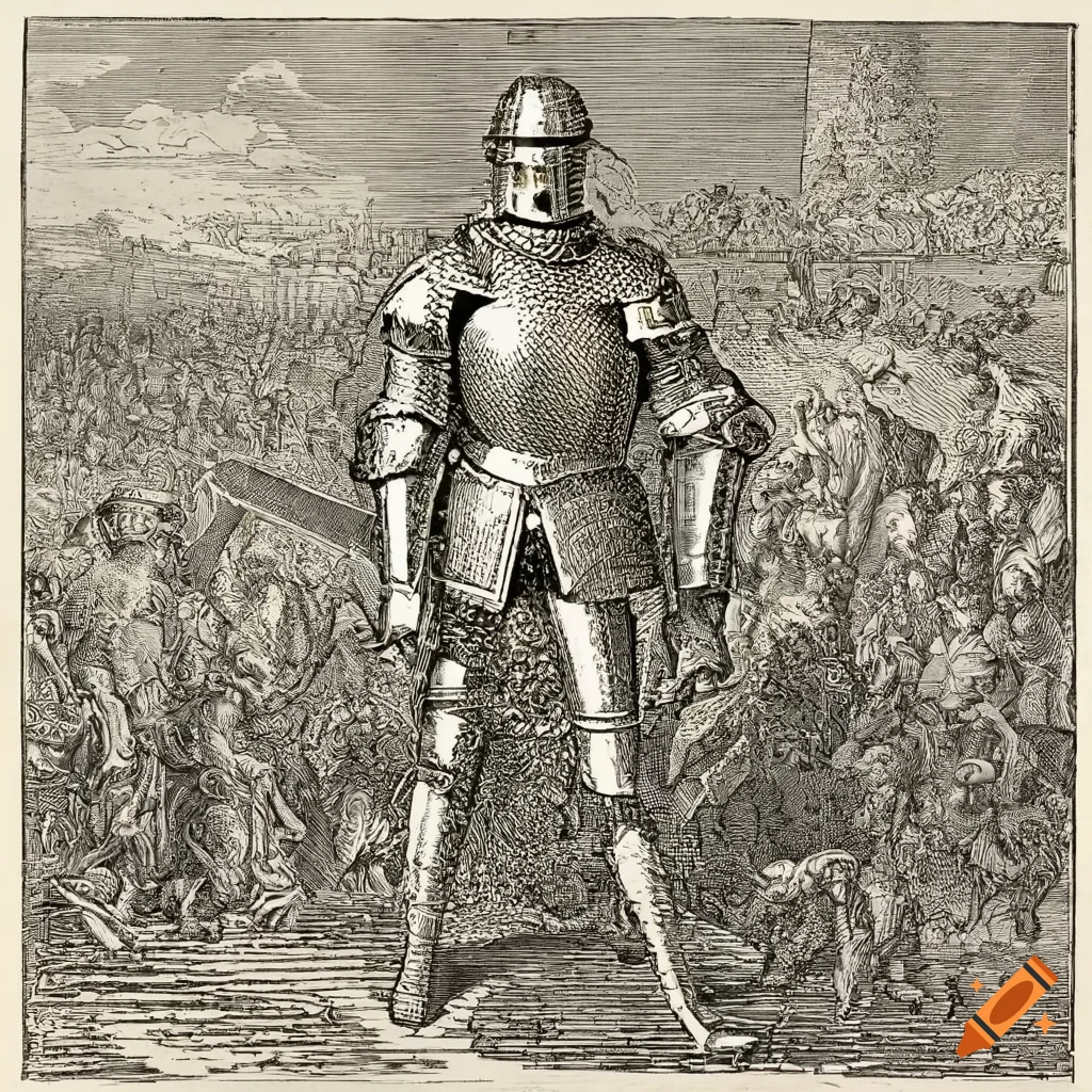 Engraving of a noble knight in plate armor standing on the battlefield surrounded by corpses