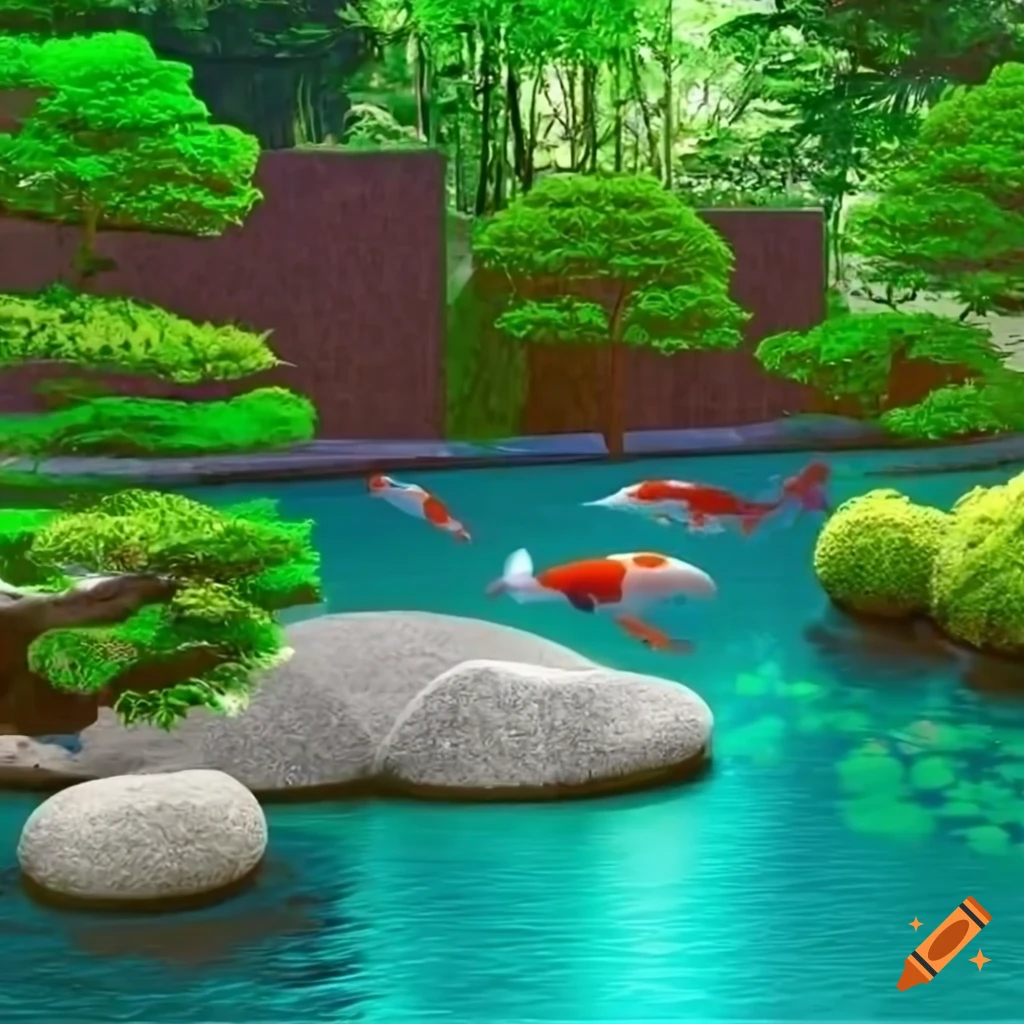 Modern zen garden with bonsai trees, koi pond, and small zen temple