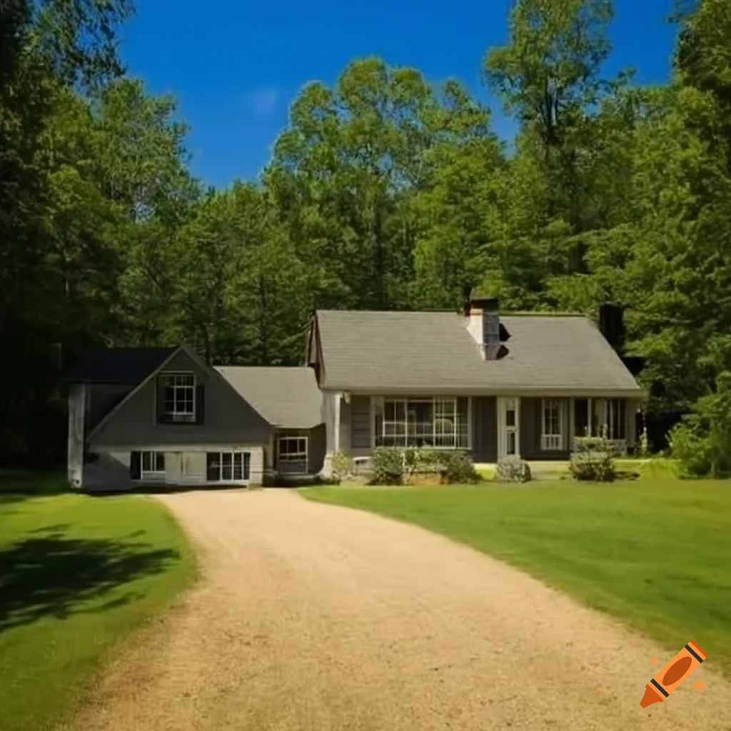 Single story ranch house in a forest lined estate with a gravel