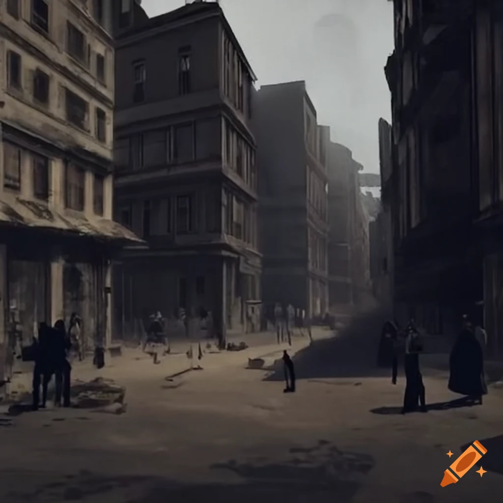 Crowded cityscape with dark skies and impoverished neighborhoods