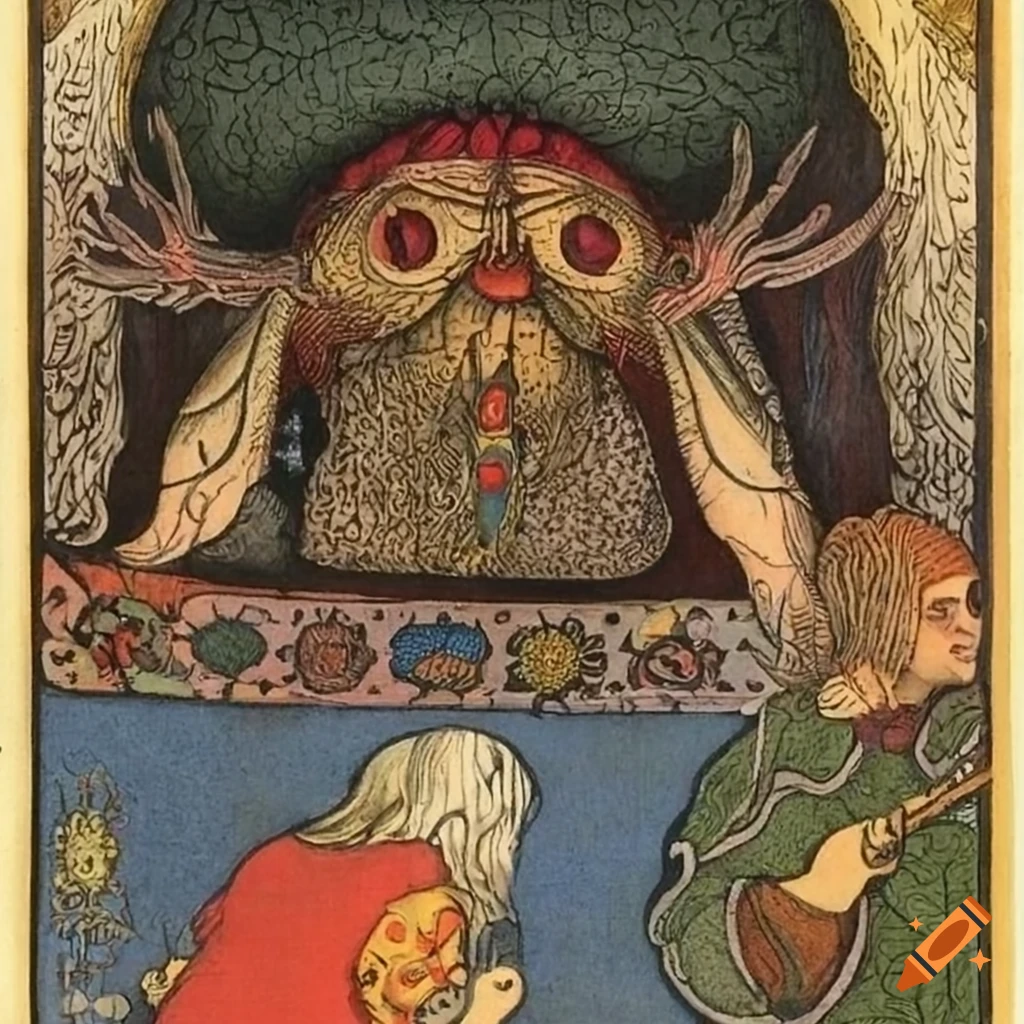 Baroque theater with Baba Yaga Tarot card and native Salish creature motifs painting