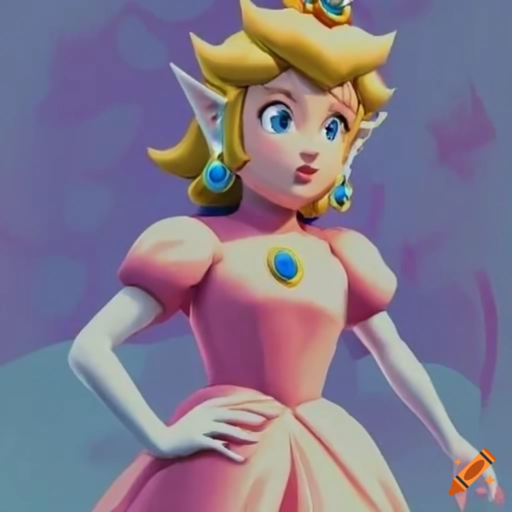 Princess Peach and Link posing together in pink silk ballgown