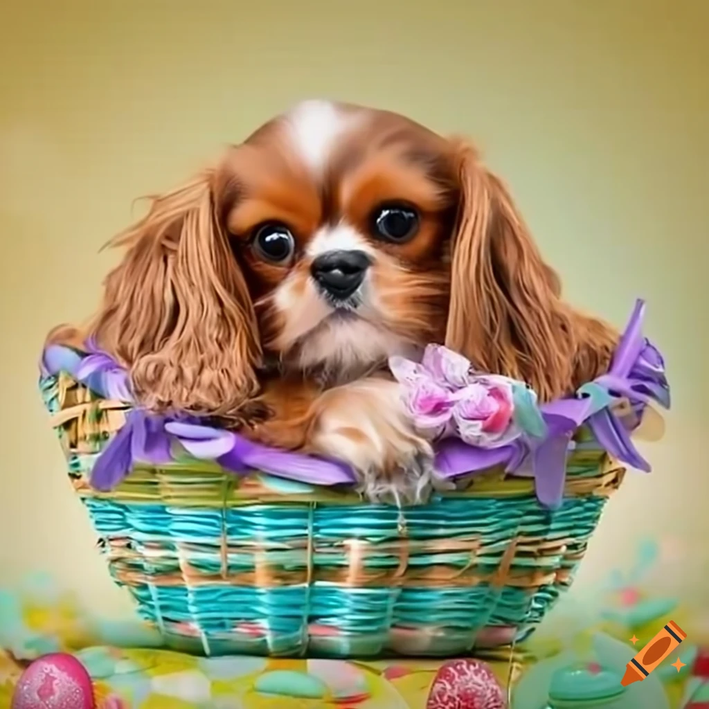 Cavalier king charles puppy in an easter basket on Craiyon