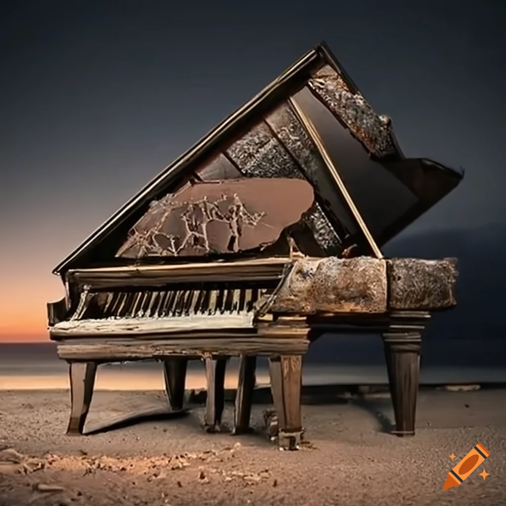 Busted and broken grand piano washed up on a beach