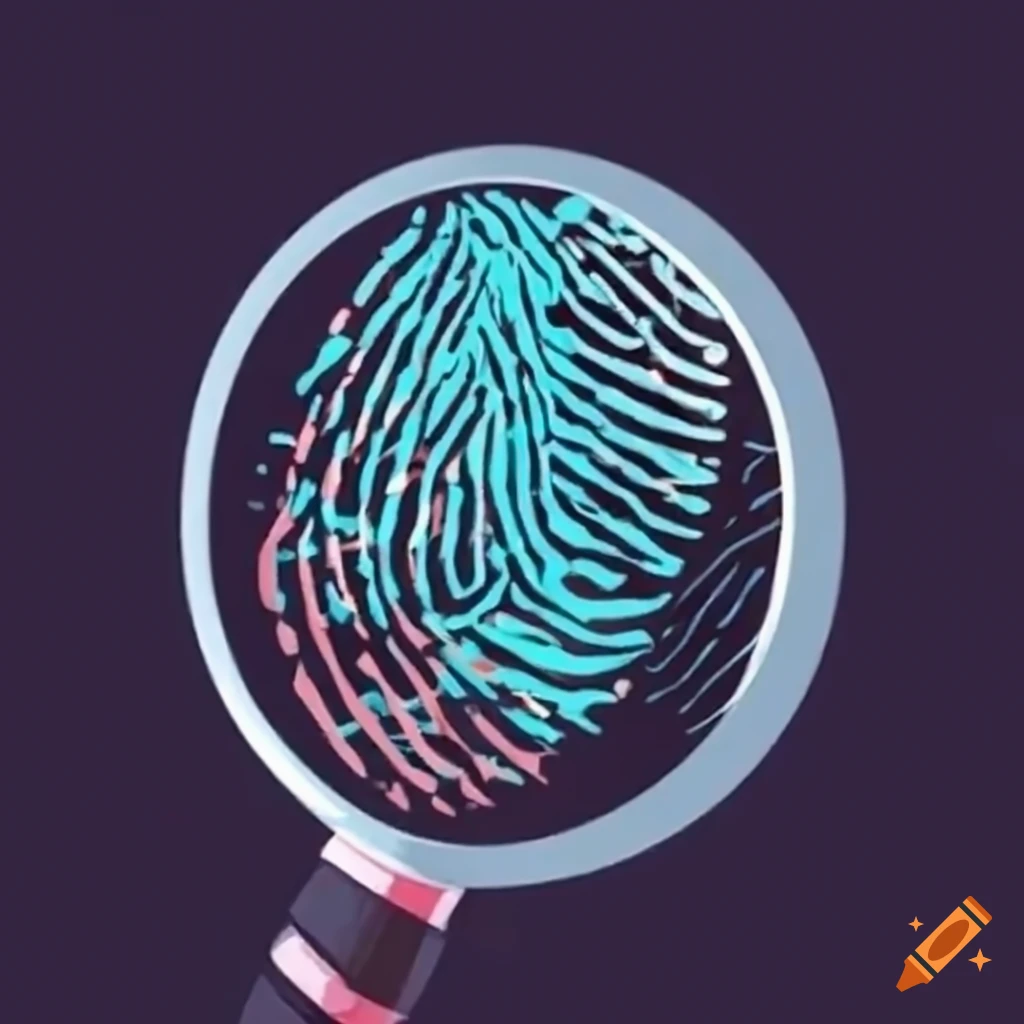 Close-up of a fingerprint through a magnifying glass with a 'crime scene' banner