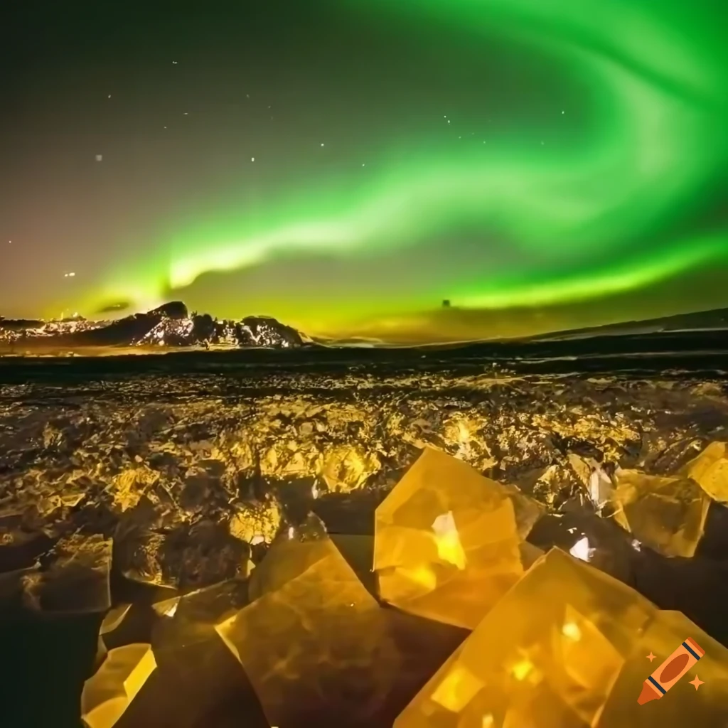 Suelo cubierto con cristales de hielo que crecen hacia arriba, reflejando la luz de manera prismática. Mamíferos con pelaje amarillo con auroras boreales que iluminan el cielo nocturno con colores