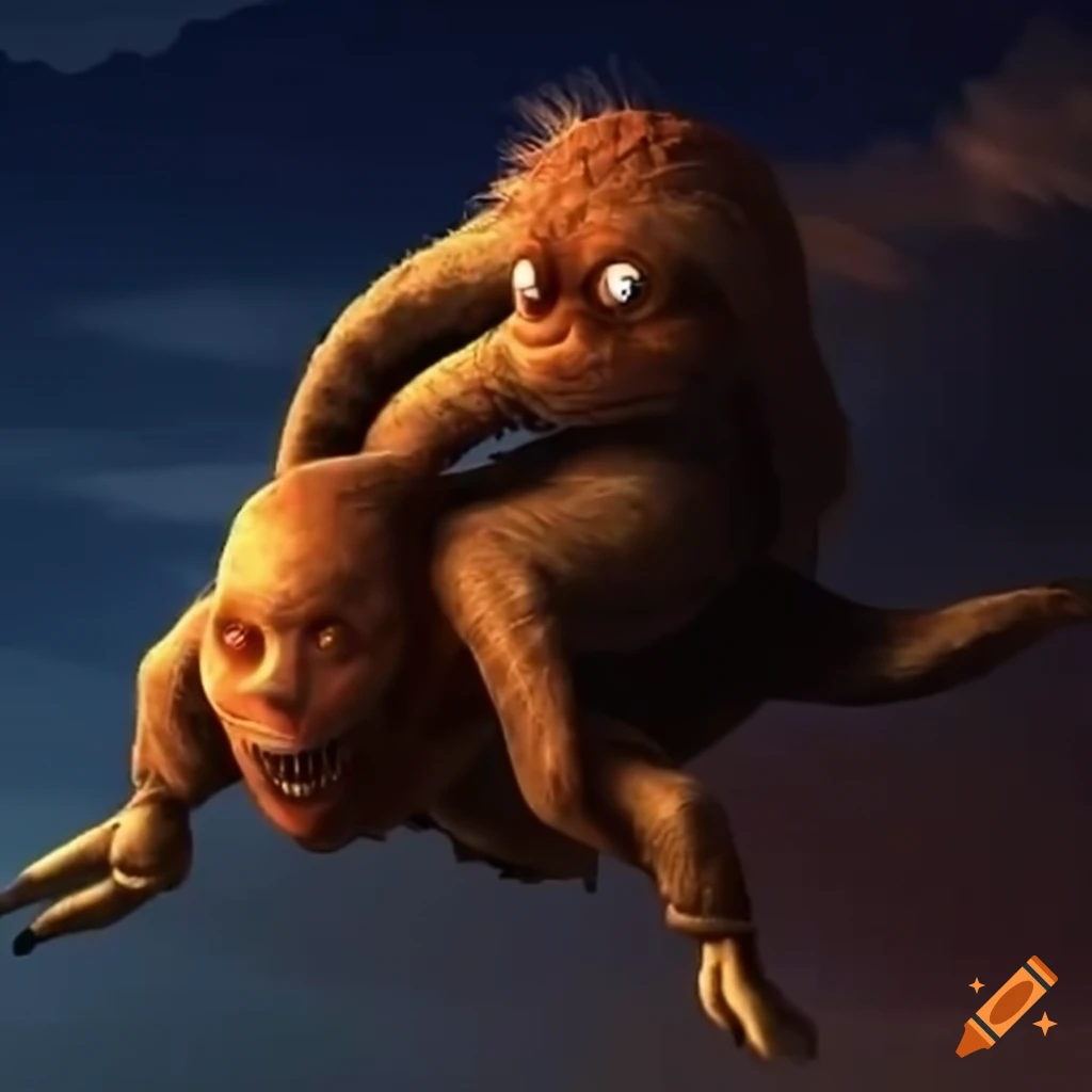Cool animated creature carrying a man in the sky