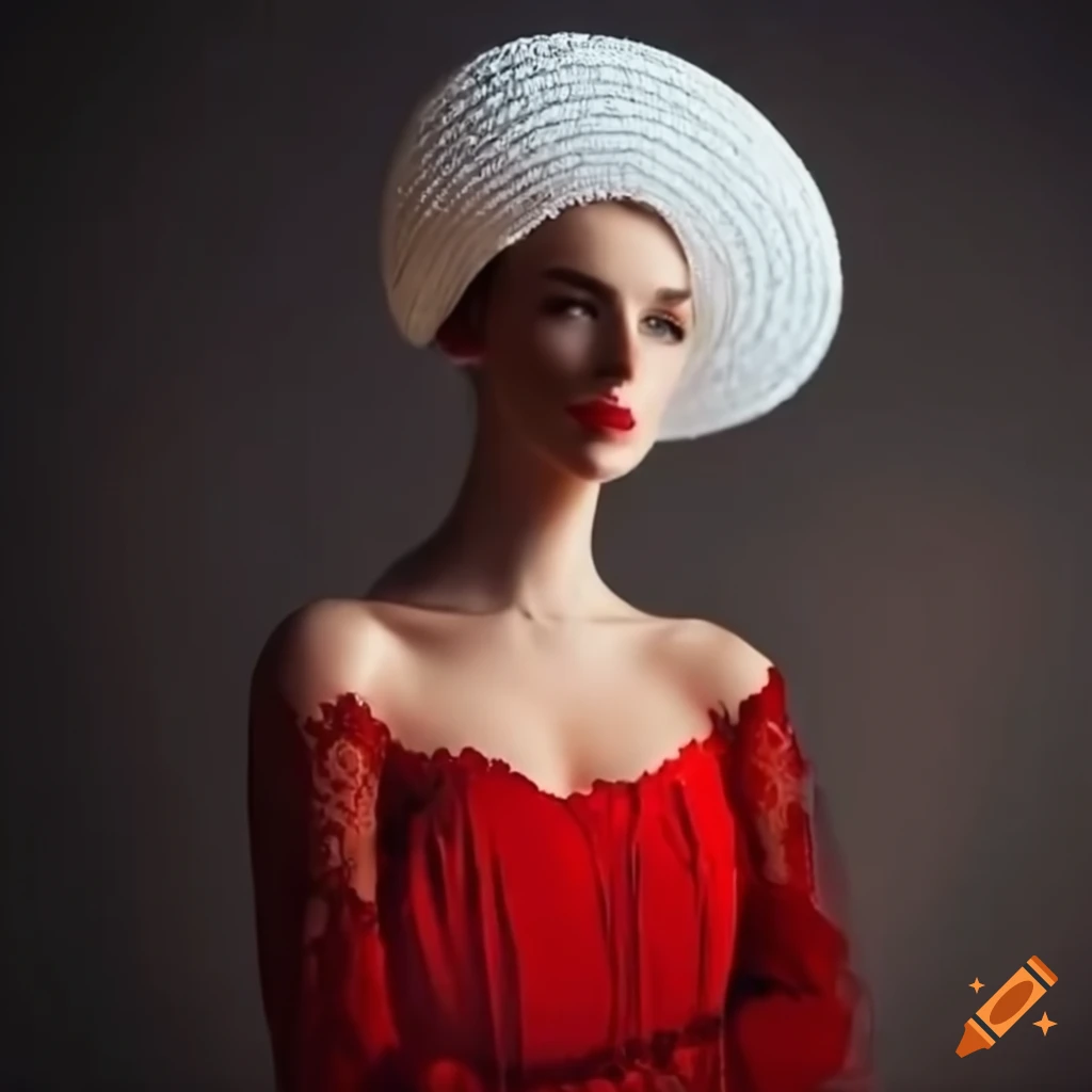 Elegant woman in red dress and lace gloves with a white hat