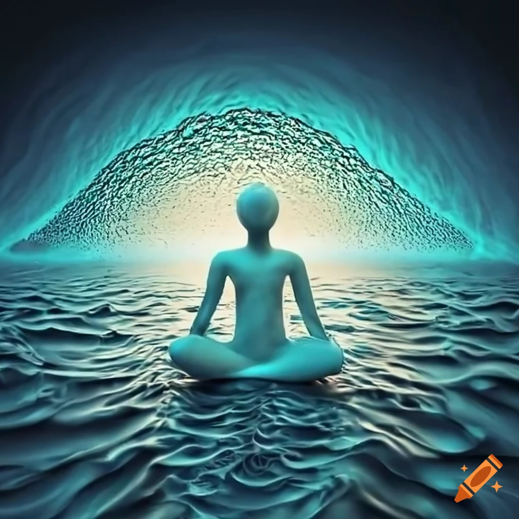 Person deep in thought surrounded by waves on Craiyon