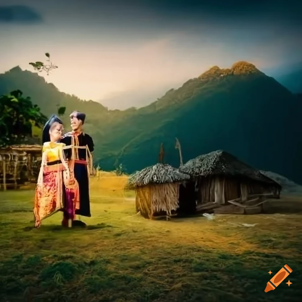 Couple in traditional Javanese clothes with hill and hut in background