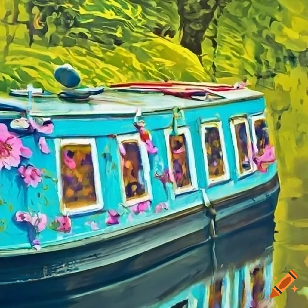 Pale blue canal boat with painted flowers on Craiyon