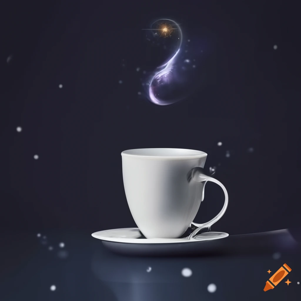 White tea cup with magic teabag and space-inspired steam