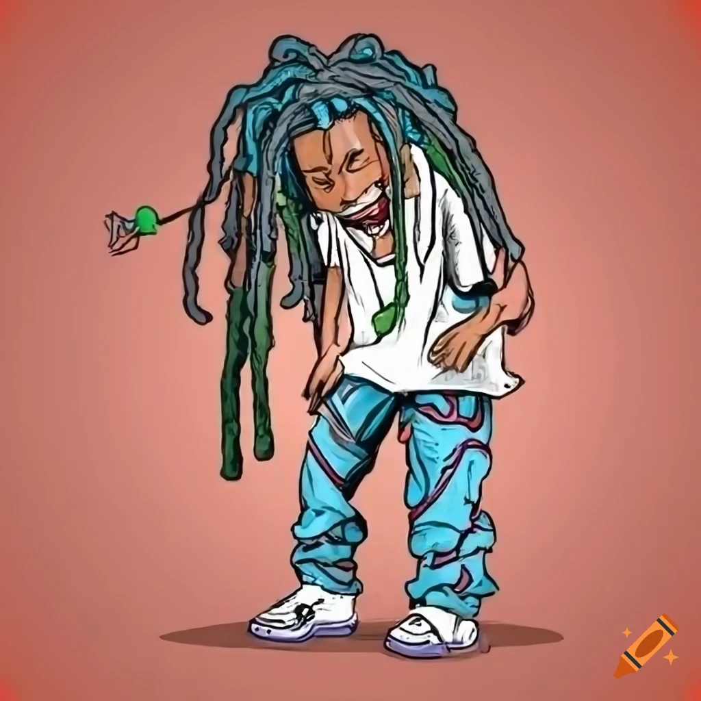 Graffiti character with dreadlocks, phat pants, and sneakers posing with a blunt