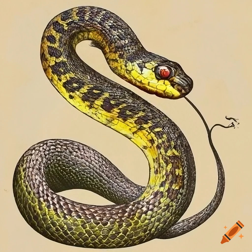 Victorian drawing of a yellow speckled swamp adder snake on parchment ...