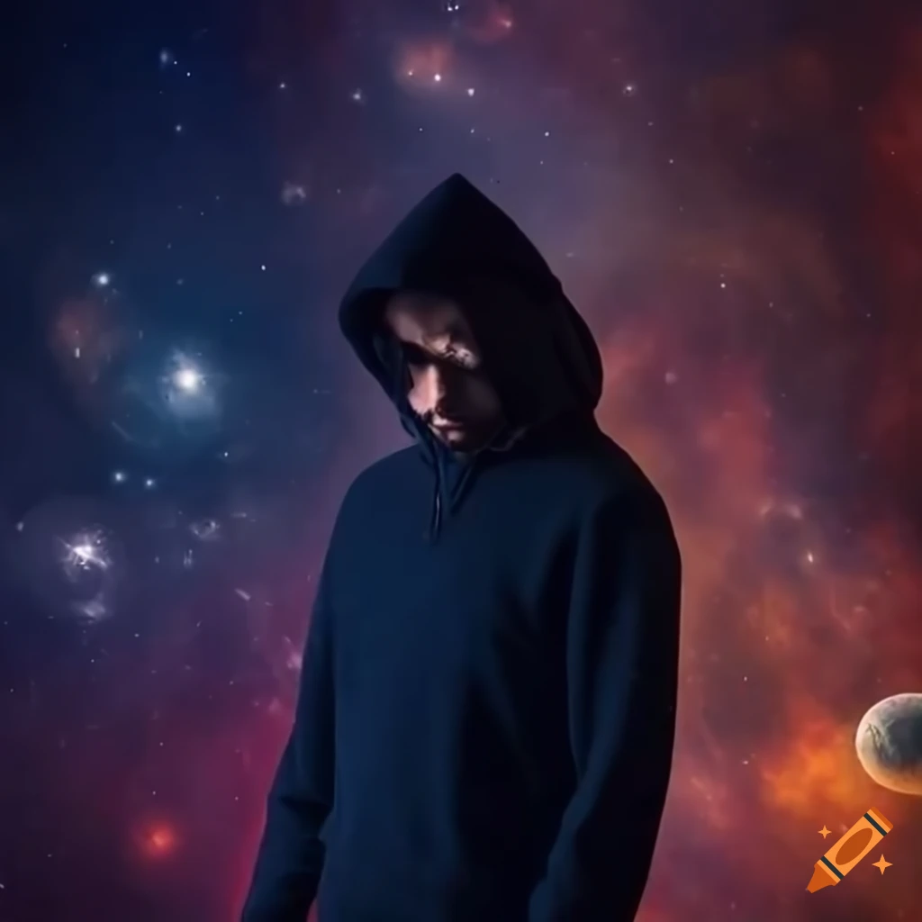 Man creating music in a spacethemed music studio surrounded by