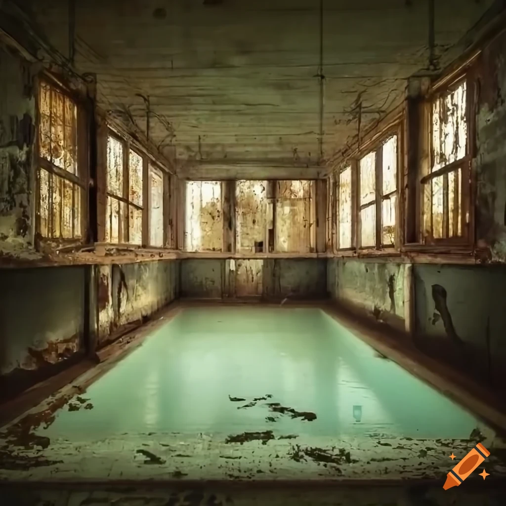 Abandoned murky swimming pool with peeling paint and industrial windows