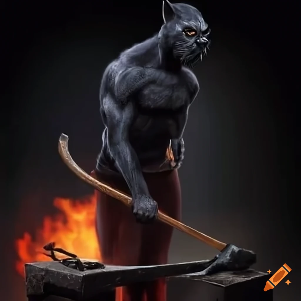 Black panther blacksmithing an axe