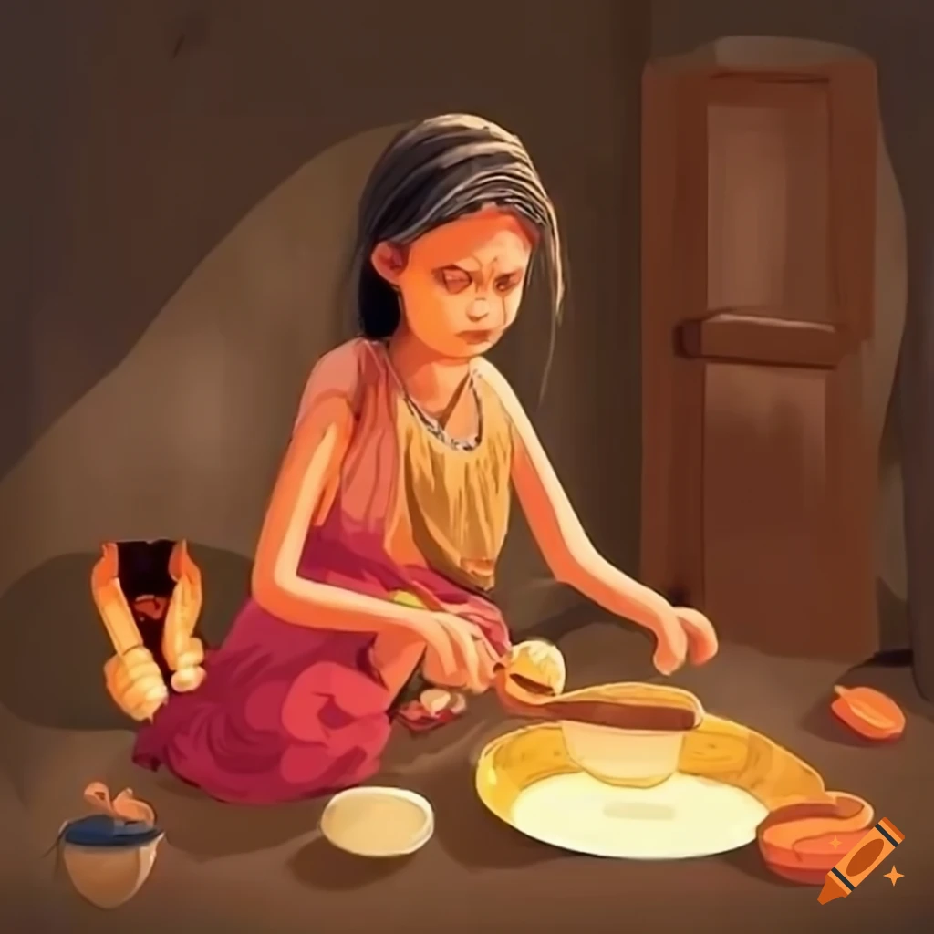 Woman cooking in a hut with two sad children