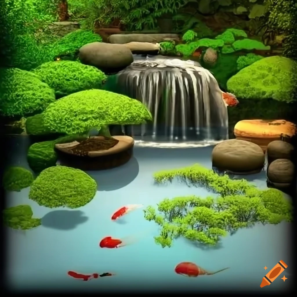 Modern zen garden with bonsai trees, koi pond, and small Zen temple surrounded by lush greenery