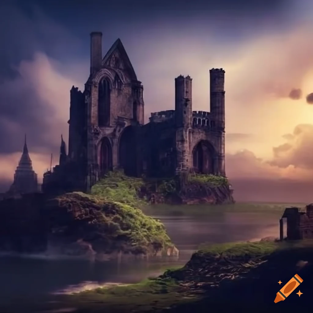 Gothic castle ruins with illuminated window on Craiyon