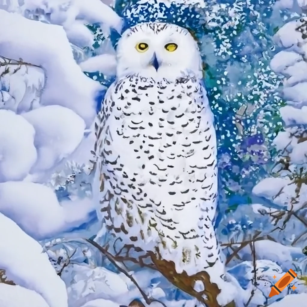 Snowy owl in snow covered tree inspired by gustav klimt on Craiyon
