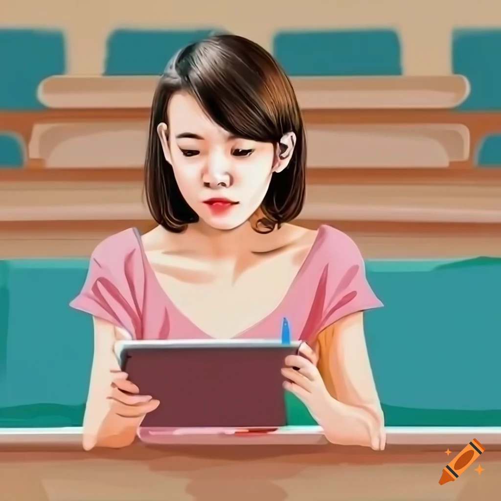 Asian woman taking notes with tablet in a lecture class on Craiyon