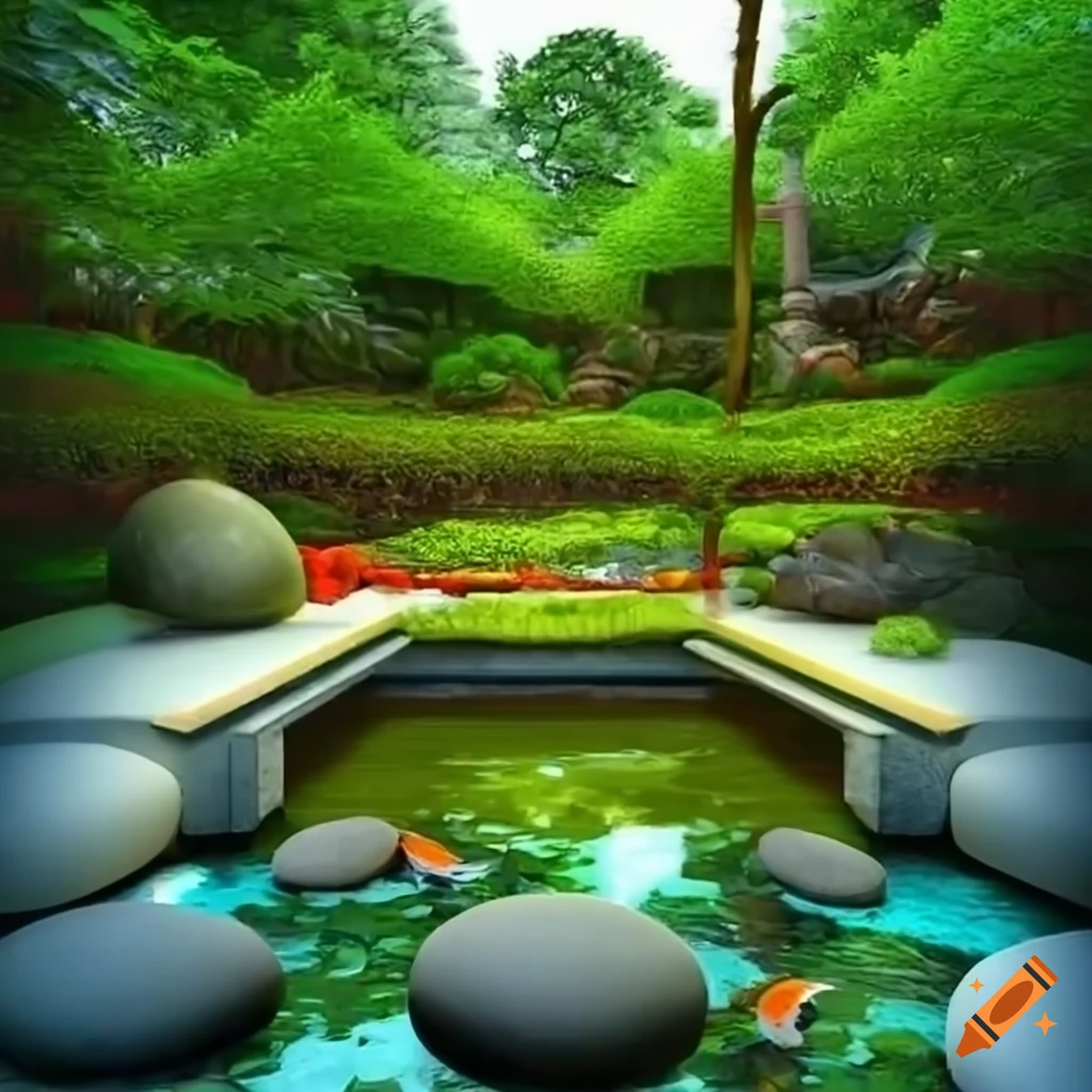 Modern zen garden with bonsai trees, koi pond, and small Zen temple surrounded by lush greenery