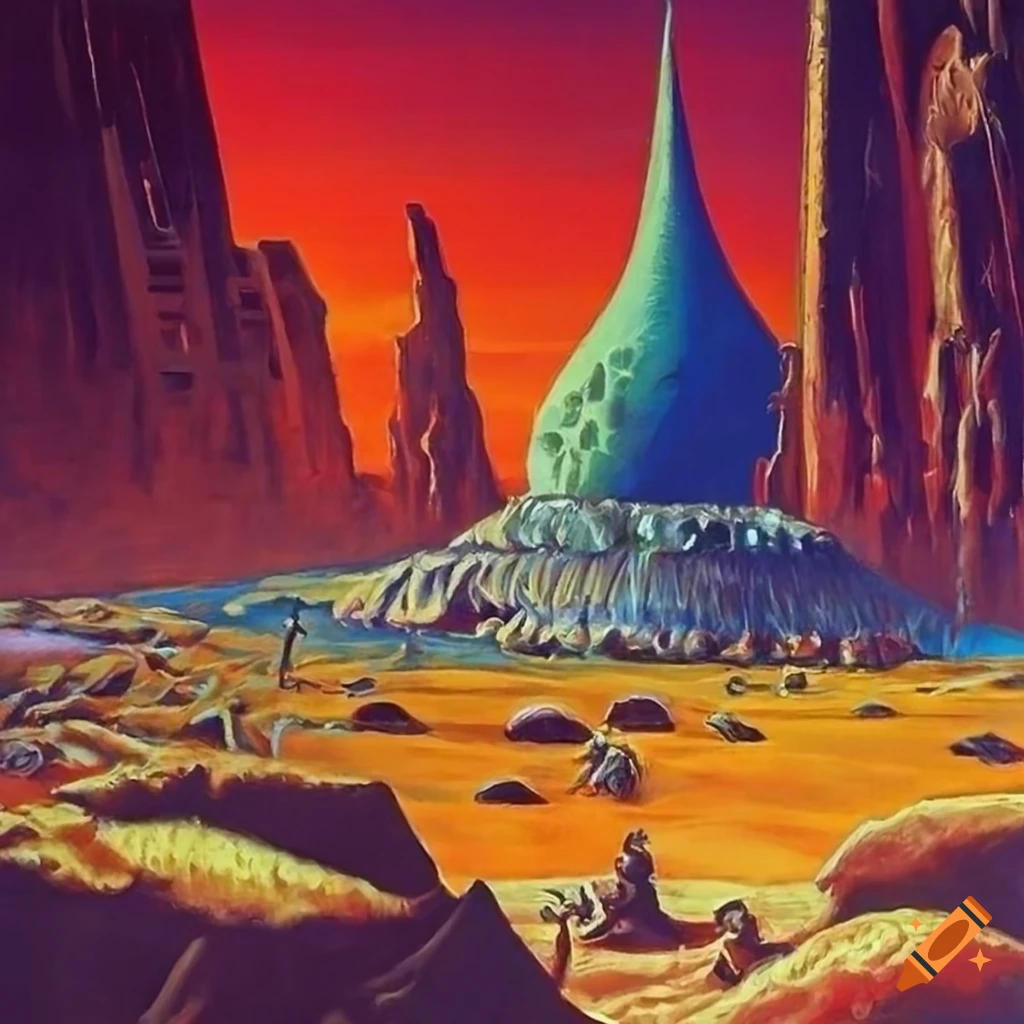 Epic 1970s mallcore sci-fi fantasy landscape illustration titled "Feast of the Starlost"