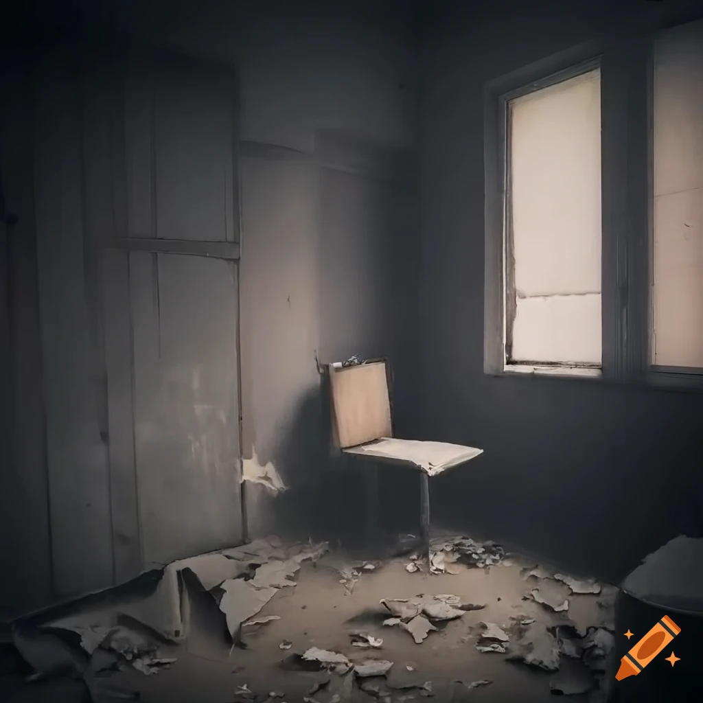 Foggy abandoned laundry room with peeling paint and a wall missing