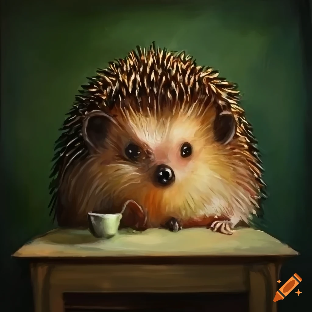 Hedgehog in a suit having tea with a kiwi in an oil painting