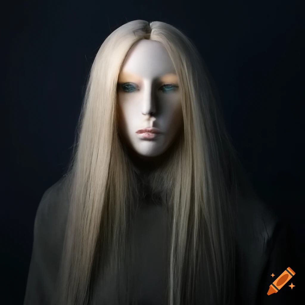 Blonde woman with a mannequin face staring eerily at the camera
