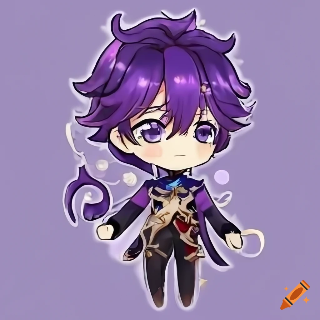 Chibi boy with purple hair wearing Genshin shirt in full body view