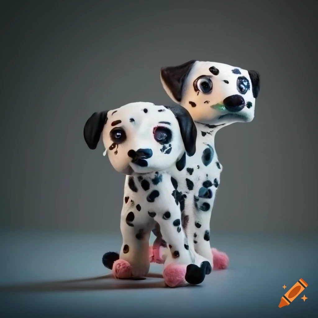 Herd of running dalmation puppies made of felt in claymation style