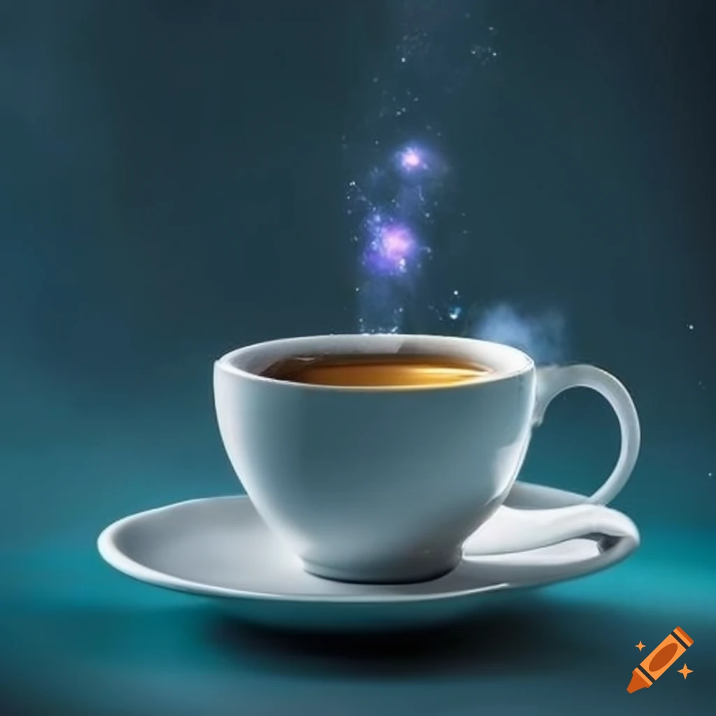 White tea cup with magic teabag and space-inspired steam